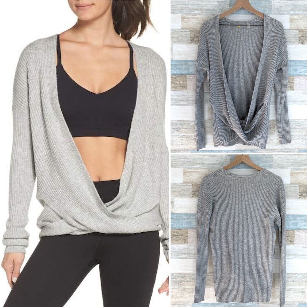 Zella Wrap Sweater Gray Ribbed Surplice V Neck Soft Cotton Blend Womens XXS